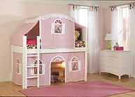 Bolton Furniture Cottage Twin Low Loft Bed, White, with Pink/White Top Tent and Bottom Playhouse Curtain