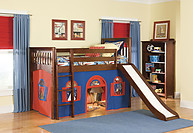 Bolton Furniture Mission Twin Low Loft Bed, Cherry, with Blue/Red Bottom Playhouse Curtain and Slide
