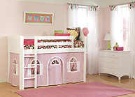 Bolton Furniture Cottage Twin Low Loft Bed, White, with Pink/White Bottom Playhouse Curtain