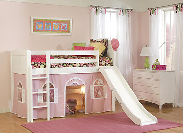 Bolton Furniture Cottage Twin Low Loft Bed, White, with Pink/White Bottom Playhouse Curtain and Slide