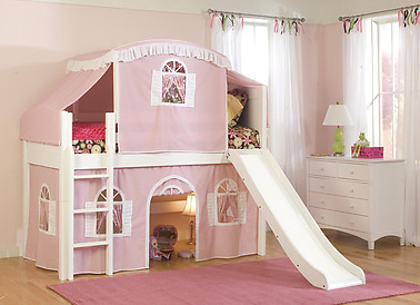 Bolton Furniture Cottage Twin Low Loft Bed, White, with Pink/White Top Tent Bottom Playhouse Curtain and Slide