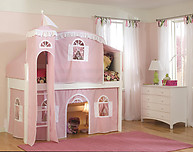 Bolton Furniture Cottage Twin Low Loft Bed, White, with Pink/White Tower, Top Tent and Bottom Playhouse Curtain