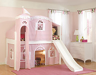 Bolton Furniture Cottage Twin Low Loft Bed, White, with Pink/White Tower, Top Tent Bottom Playhouse Curtain and Slide