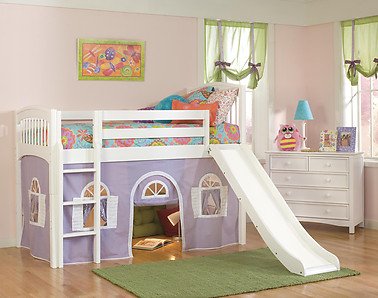 Bolton Furniture Windsor Twin Low Loft, White, with Lilac/White Bottom Playhouse Curtain and Slide