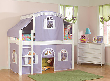 Bolton Furniture Windsor Twin Low Loft, White, with Lilac/White Top Tent, Bottom Playhouse Curtain