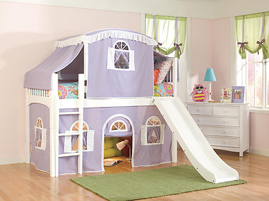 Bolton Furniture Windsor Twin Low Loft, White, with Lilac/White Top Tent, Bottom Playhouse Curtain and Slide