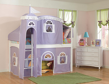Bolton Furniture  Windsor Twin Low Loft, White, with Lilac/White Tower, Top Tent, Bottom Playhouse Curtain