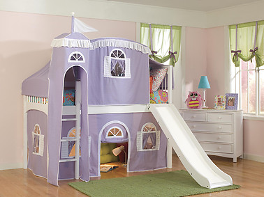 Bolton Furniture Windsor Twin Low Loft, White, with Lilac/White Tower, Top Tent, Bottom Playhouse Curtain and Slide