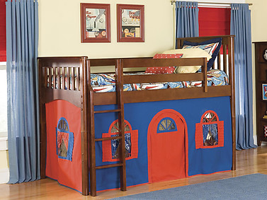 Bolton Furniture Mission Twin Low Loft Bed, Cherry, with Blue/Red Bottom Playhouse Curtain
