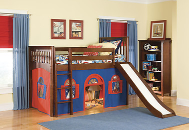 Bolton Furniture Mission Twin Low Loft Bed, Cherry, with Blue/Red Bottom Playhouse Curtain and Slide