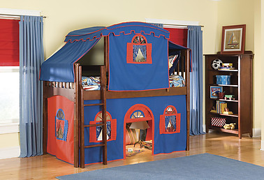 Bolton Furniture Mission Twin Low Loft Bed, Cherry, with Blue/Red Top Tent, Bottom Playhouse Curtain