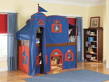 Bolton Furniture Mission Twin Low Loft Bed, Cherry, with Blue/Red Top Tent, Bottom Playhouse Curtain