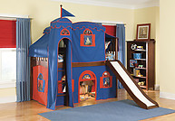 Bolton Furniture Mission Twin Low Loft Bed, Cherry, with Blue/Red Tower, Top Tent, Playhouse Curtain and Slide
