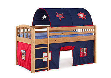 Alaterre Addison Cinnamon Finish Junior Loft Bed; Blue Tent and Playhouse with Red Trim